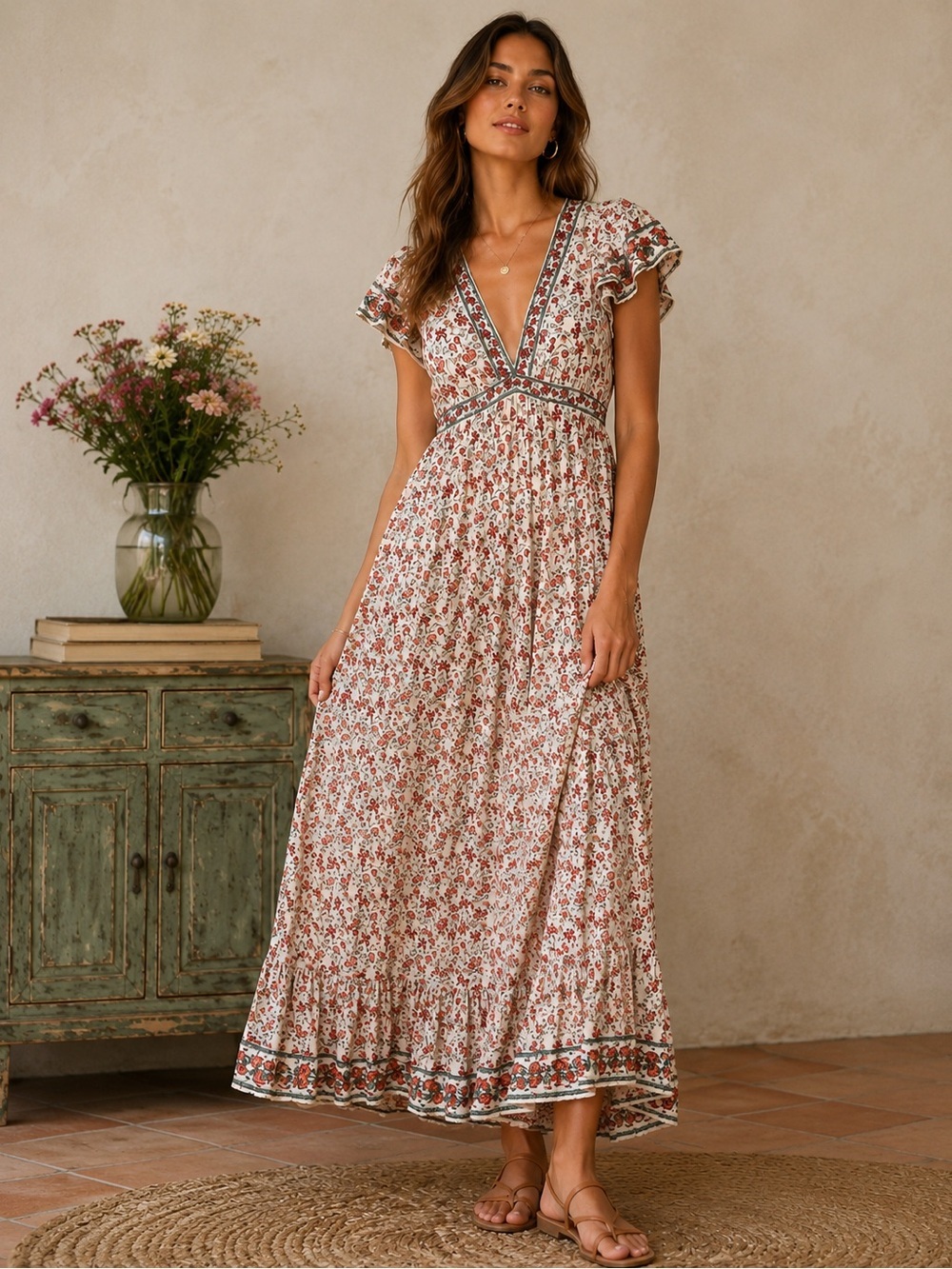 Max Studio London Floral Boho Prairie Maxi Dress Cottagecore XS